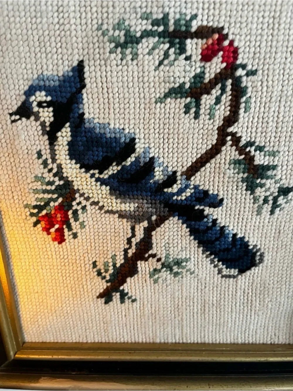 Handmade Blue Jay Cross Stitch Wall Art - Black and gold frame